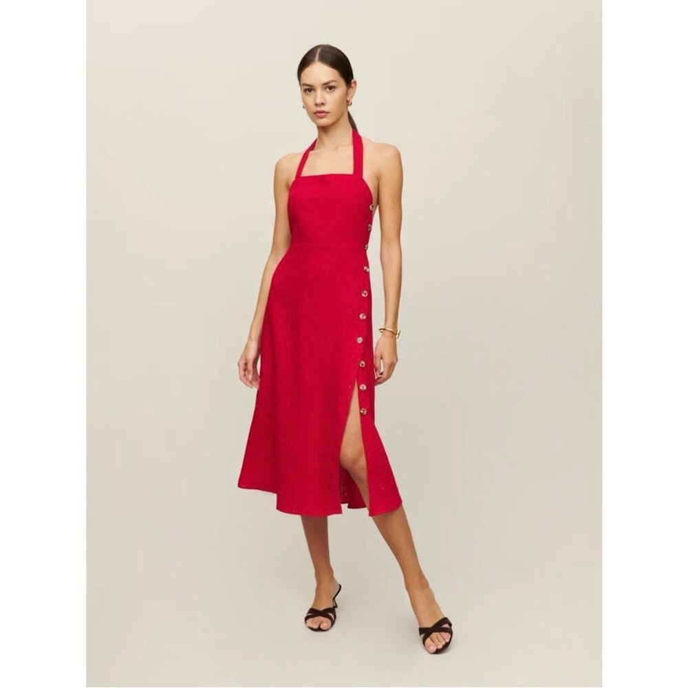 Reformation Mar Linen Midi Dress Size 8 Cherry Red Backless Halter